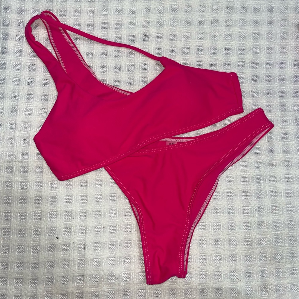SHEIN hot pink double strap one shoulder bikini set